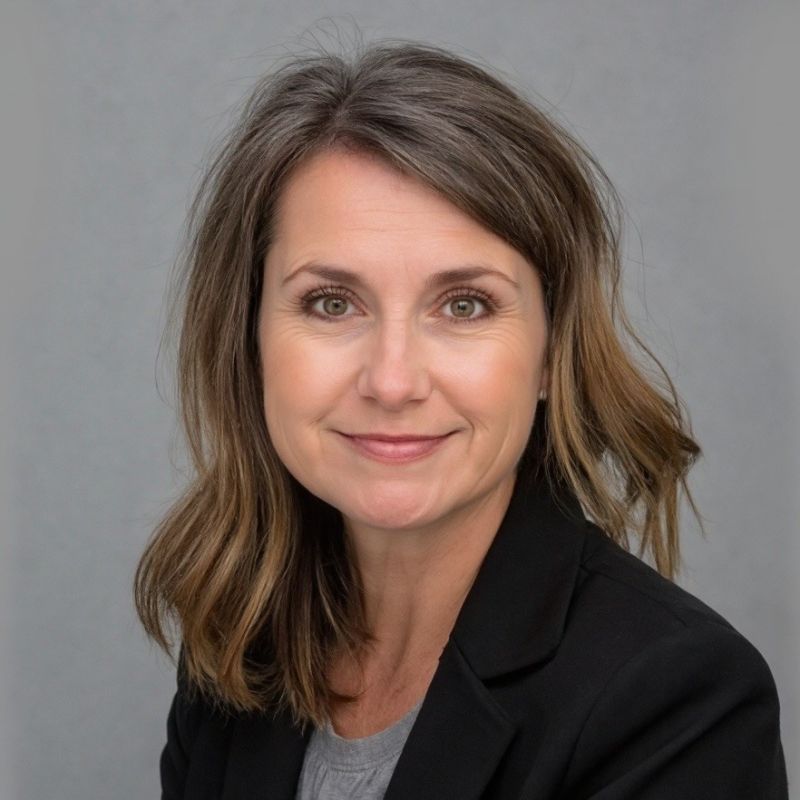 Head-and-shoulders portrait of a smiling woman with shoulder-length brown hair, wearing a black blazer and gray top, against a neutral gray backdrop.