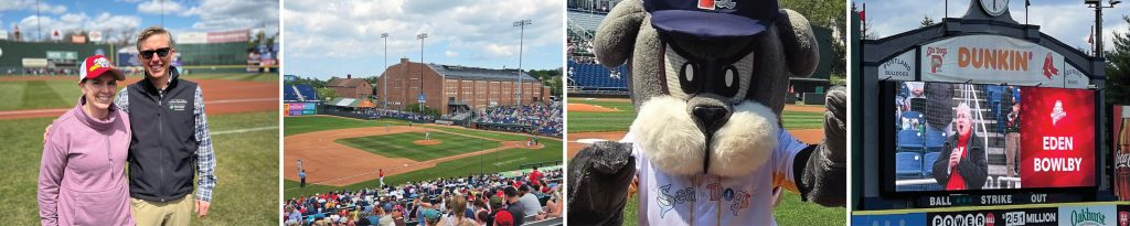 SeaDogs Photos - New England Cancer Specialists Collage of four scenes: a smiling couple on a baseball field, a packed ballpark, the Sea Dogs mascot on the field, and a Dunkin-branded scoreboard screen.